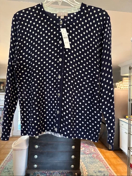 J. Crew Navy with White Polka Dot Cardigan NWT Size L - Picture 1 of 3